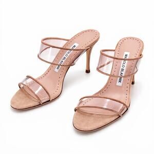 New $1369 Manolo Blahnik Nude Clear PVC Suede Open Toe Mule Sandals Size 37